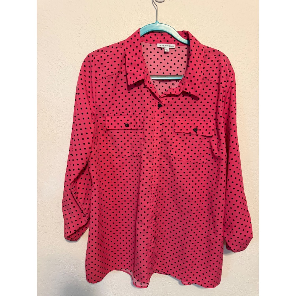 Notations Pink Polka Dot Roll Tab Sleeve Button Up Blouse XL Womens Top